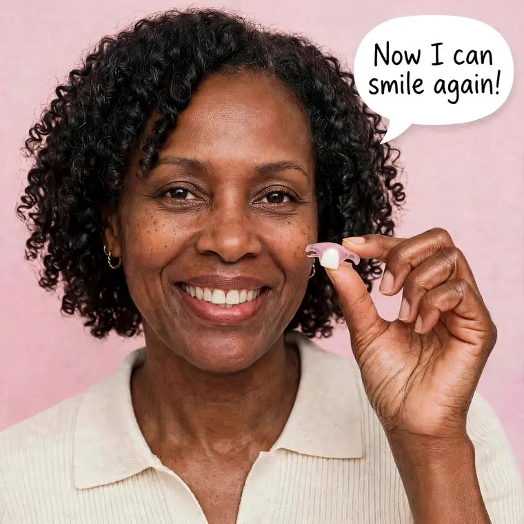 Smiling customer holding her flexible flipper — Now I can smile again!