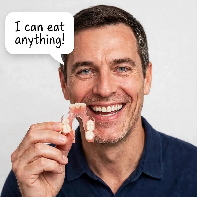 Smiling customer holding his flexible partial denture — I can eat anything!