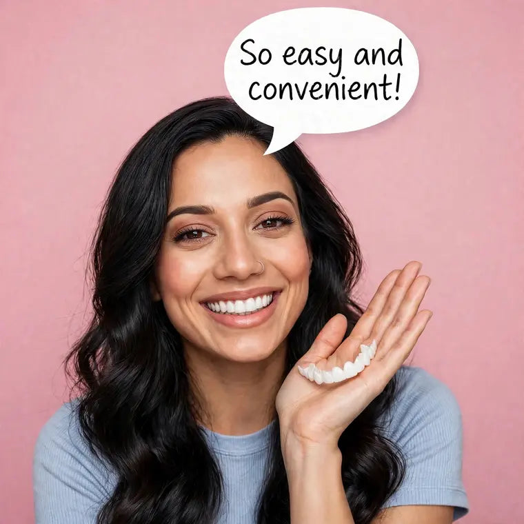 Smiling customer with her snap-on veneers on her palm — So easy and convenient!