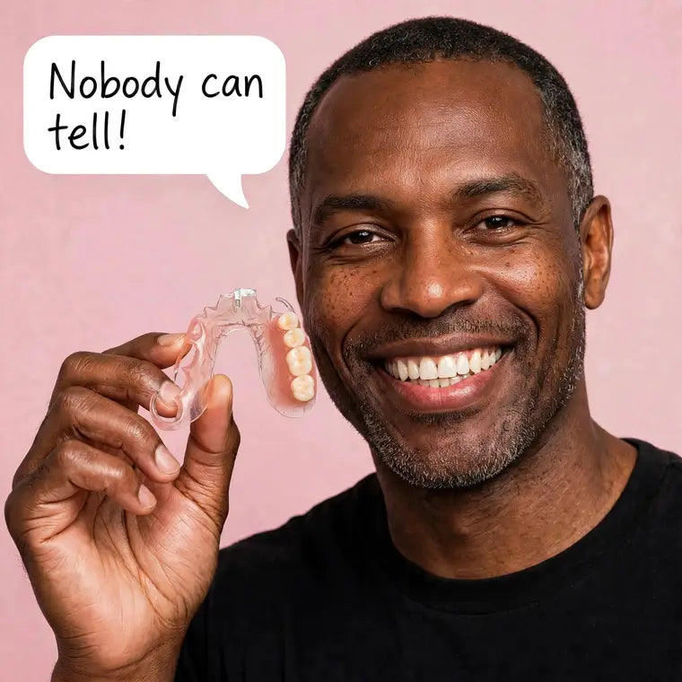 Smiling customer holding his flexible partial denture — Nobody can tell!