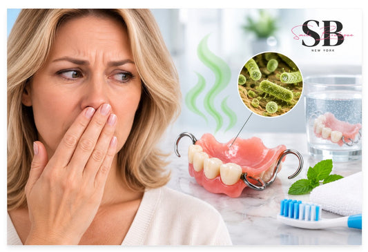 Partial denture bad breath caused by bacteria and trapped debris, with Smile Boutique NY removable denture and cleaning illustration showing proper denture hygiene.