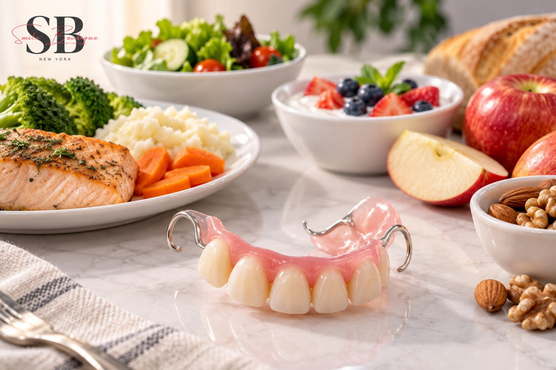 Can you eat with partial dentures? Smile Boutique NY removable partial denture displayed with soft foods, salmon, cooked vegetables, yogurt, bread, apples, and nuts to illustrate eating and chewing tips.