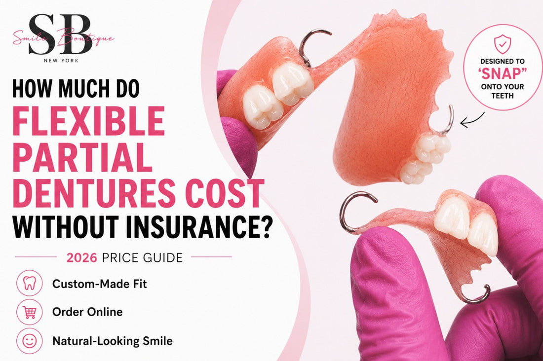 How much do flexible partial dentures cost without insurance? Custom flexible partial dentures with removable tooth replacement design and Smile Boutique NY branding