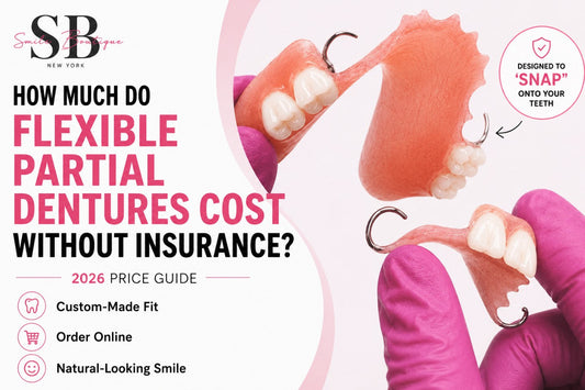 How much do flexible partial dentures cost without insurance? Custom flexible partial dentures with removable tooth replacement design and Smile Boutique NY branding