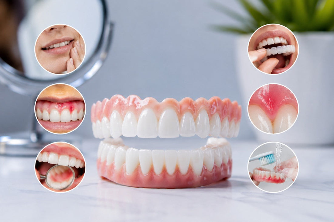 Snap-on veneers with common side effects including gum irritation, fit, cleaning, and comfort issues. Educational image for a Smile Boutique NY guide on preventing removable veneer problems.