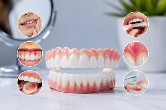 Snap-on veneers with common side effects including gum irritation, fit, cleaning, and comfort issues. Educational image for a Smile Boutique NY guide on preventing removable veneer problems.