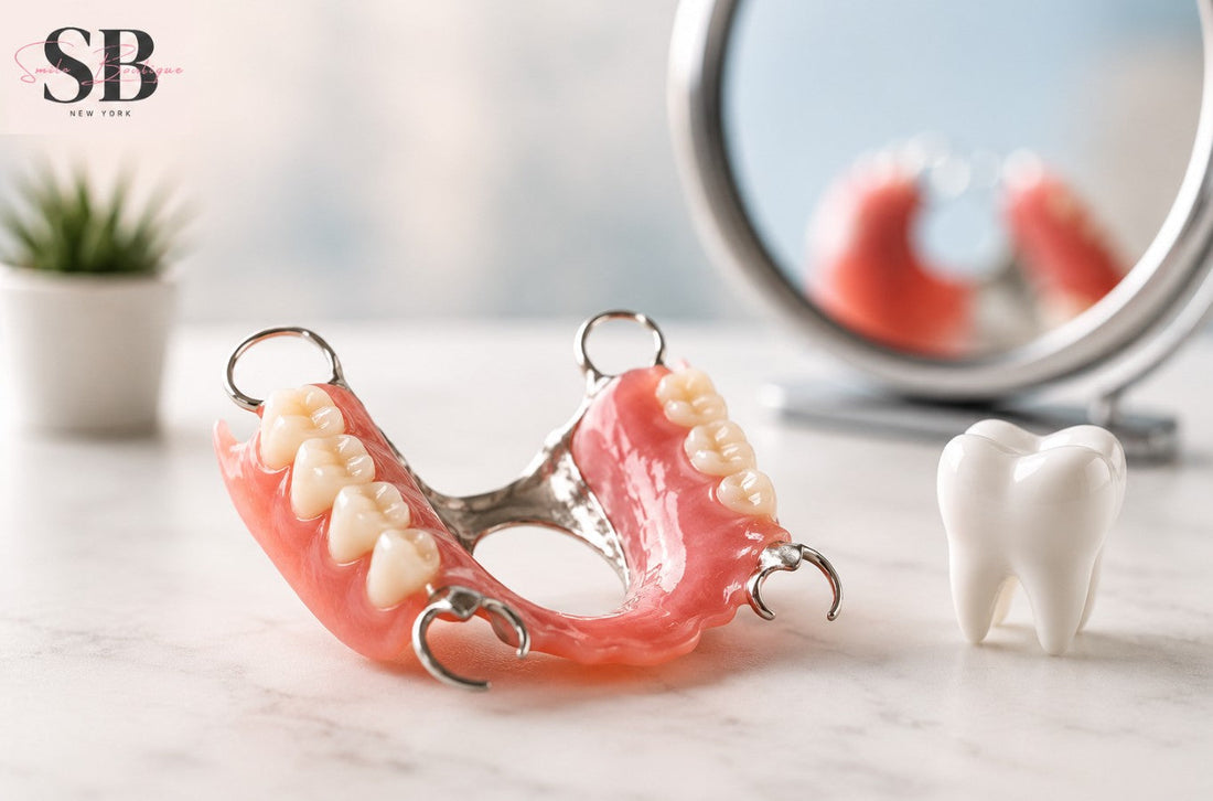 Loose partial denture with metal clasps and acrylic base from Smile Boutique NY, illustrating common fit problems that can cause a partial denture to move, rock, or shift.