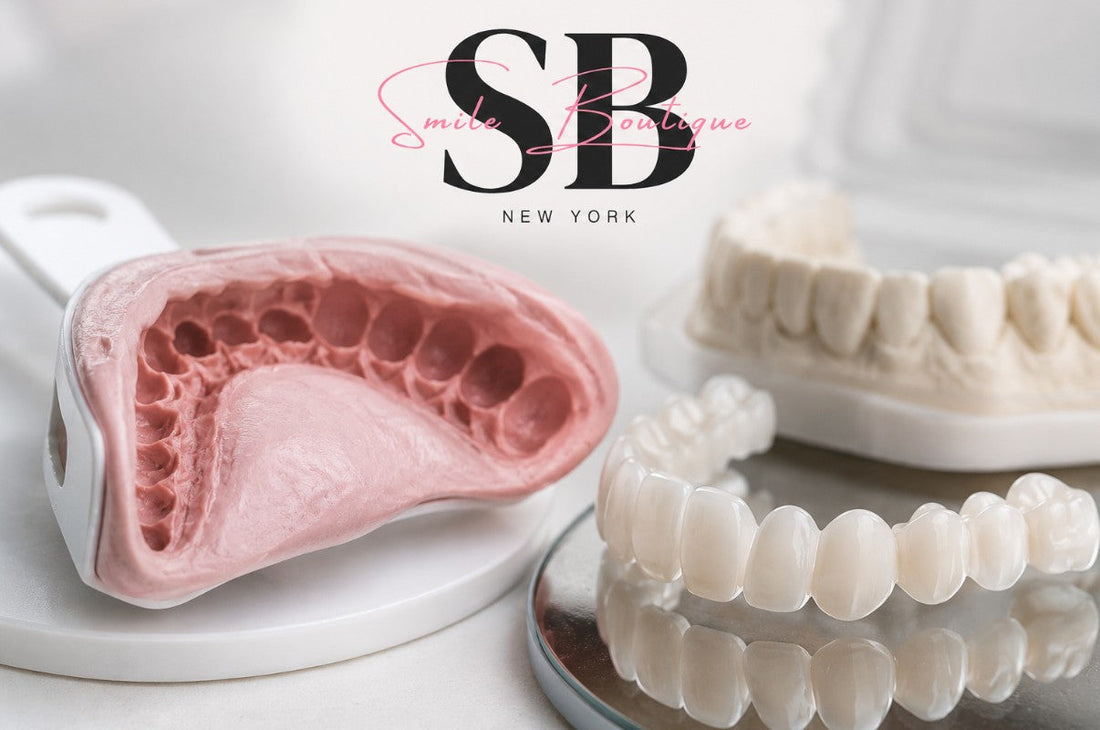 Dental teeth impression mold next to snap-on veneers with Smile Boutique NY logo, showing why accurate teeth impressions matter for custom veneer fit and comfort.