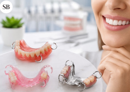 Comparison of acrylic, flexible, and metal cast partial dentures displayed alongside a smiling patient. Educational hero image explaining common partial denture side effects and removable tooth replacement options from Smile Boutique NY.