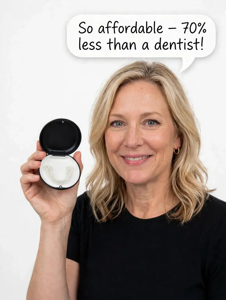 Smiling customer holding her Smile Boutique NY appliance case — So affordable, 70% less than a dentist!
