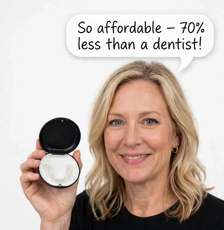Smiling customer holding her Smile Boutique NY appliance case — So affordable, 70% less than a dentist!